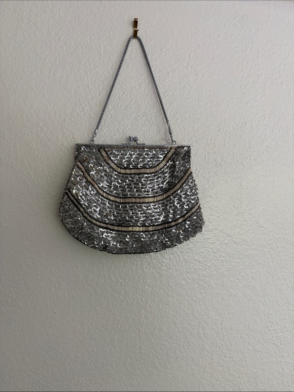 Silver Sequin Evening Clutch with Chain Strap